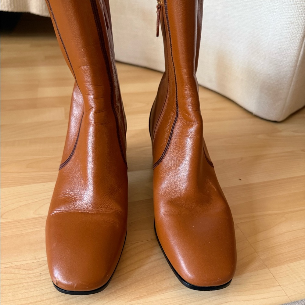 Chloe Goldee Cognac Leather Square-Toe Mid-Calf Boots